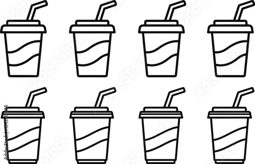 Eight black and white outline icons of disposable soda cups with lids and angled straws arranged in two rows for fast food design