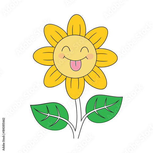 A cheerful cartoon sunflower with a happy face and green leaves
