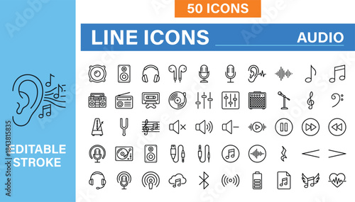 Audio Line Icons Set Featuring Music, Sound, Headphones, Microphone, Media Controls, Editable Stroke Vector Symbols for Multimedia Design Projects