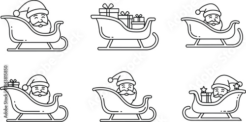Collection of six simple black outline icons depicting santa claus riding his sleigh with and without christmas presents for holiday design
