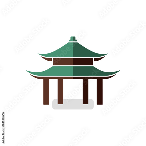 Traditional Asian Pagoda Building With Curved Roofs And Pillars Decorative Element In Green And Brown Colors Flat Illustration
