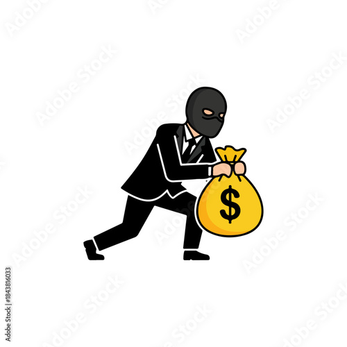 Burglar in black suit and ski mask carrying a money bag, stealing wealth, theft crime concept icon