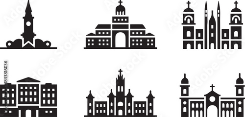 Historic City Building Silhouettes Set with Classic Architecture and Landmark Structures