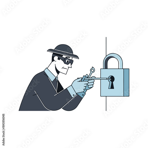 Burglar wearing a hat and glasses attempting to pick a lock with a key tool illustrating security breach concept