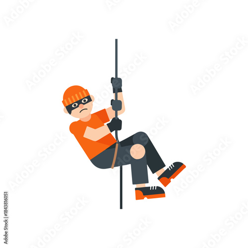 Cartoon Thief Descending Rope with Mask and Orange Beanie Determined Expression