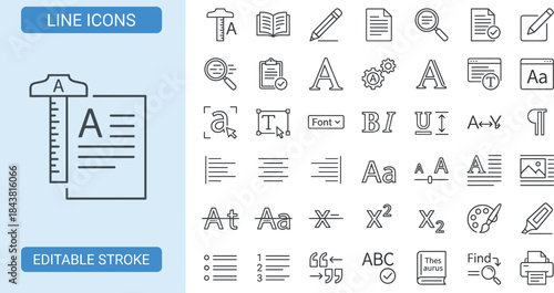 Typography and text editing line icons set with formatting, font tools, documents and writing symbols for UI and UX design