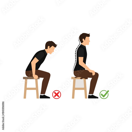 Correct sitting posture illustration showing spine alignment with a green checkmark and incorrect posture with a red cross symbol