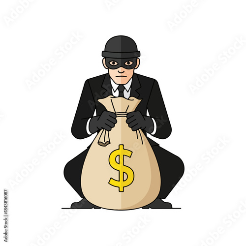 Criminal character, a masked thief holding big money bag with dollar sign, financial crime, robbery, simple vector illustration