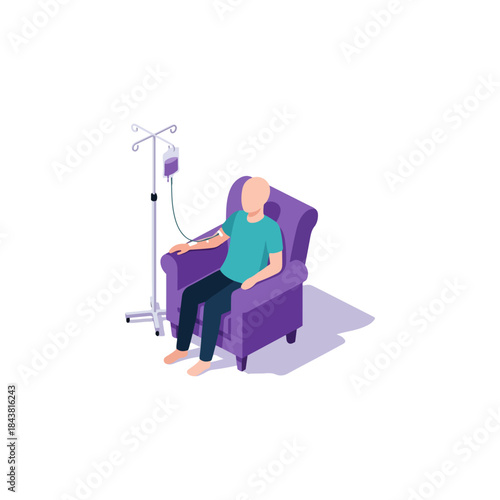 Person receiving IV infusion treatment while sitting in a comfortable armchair, medical procedure depiction
