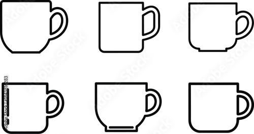 Collection of six simple black outline icons representing various styles of coffee mugs and teacups for beverage design