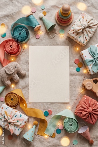 Wallpaper Mural Colorful Children’s Birthday Flatlay with Blank Voucher Card and Festive Gift Elements Torontodigital.ca