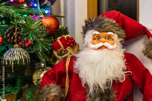 Close up of  Santa Claus and Christmas tree