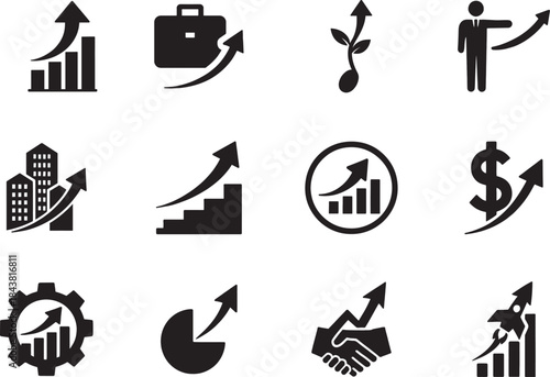 Minimal bold silhouette business growth icon set for strategy, revenue rise, and data visuals.