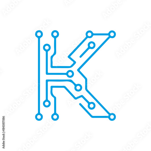 A vector icon of the letter 'K' designed with blue electronic circuit board lines, symbolizing digital knowledge, technology keywords, and data systems. Ready in PNG, JPG, and editable EPS formats.