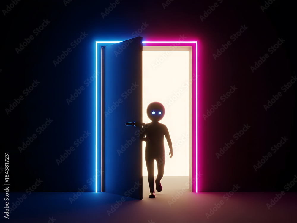 Obraz premium Mysterious Figure Entering a Neon Futuristic Portal