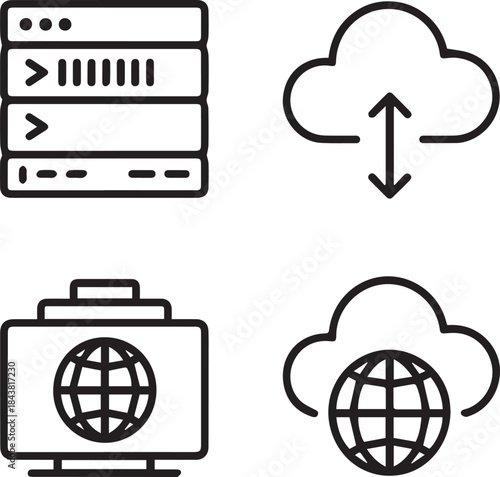 Cloud Server and Global Data Line Icons Set for Hosting, Storage and Network Connectivity