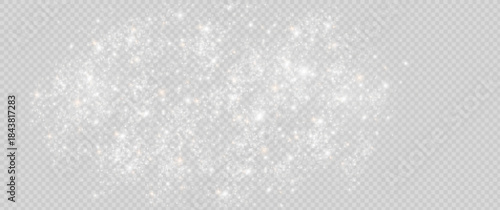 The dust sparks and white stars shine with special light. Vector sparkles on a transparent background. Christmas light effect.
