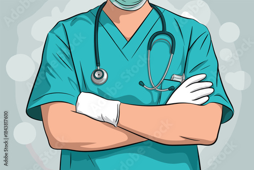 Healthcare professional in turquoise scrubs with stethoscope and mask, confident pose.