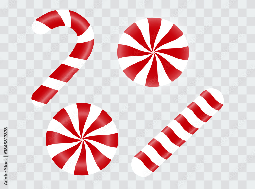 Fototapeta premium Realistic Christmas candy cane on a transparent background. Christmas vector illustration for holiday banners, cards, party posters. Eps 10