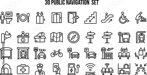 Essential black line icons depicting thirty distinct public navigation and travel information symbols for wayfinding