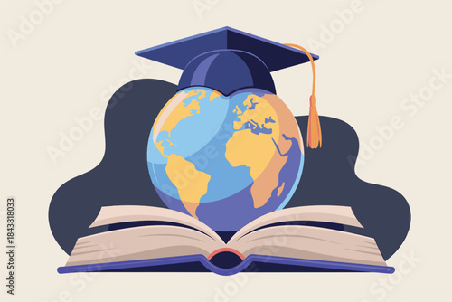 Globe with graduation cap above open book, symbolizing global education.