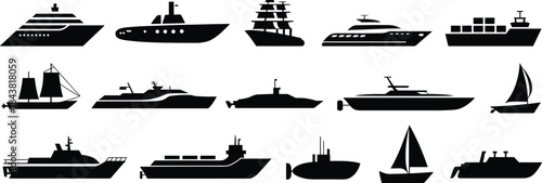Boat and ship silhouette set, maritime transport, yacht, sailboat, submarine, cargo vessel, naval icon, black vector, isolated, design