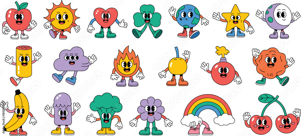 Fototapeta premium Cartoon character set, fruit, object, symbol, colorful mascots, smiling faces, kids illustration, educational design, vector art, isolated, fun