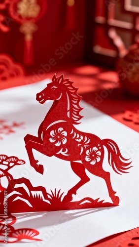 Vertical Illustration: Close-up of a Traditional Chinese Paper-cut Horse Design