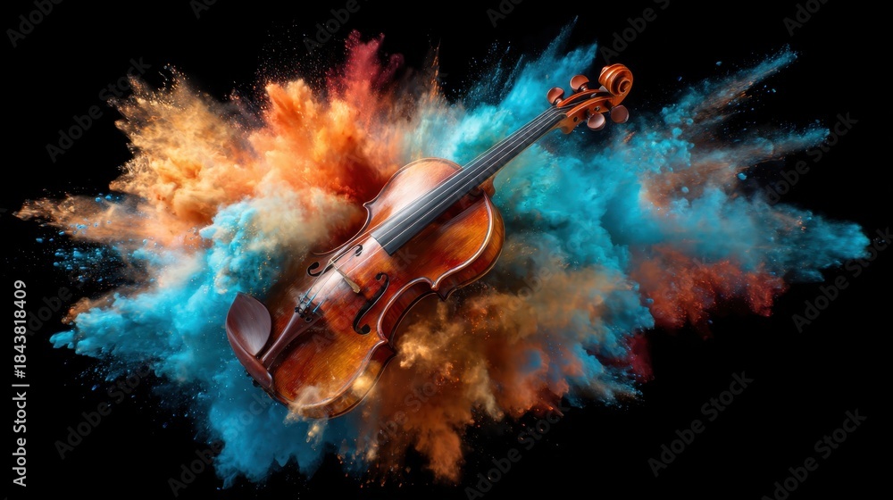 Fototapeta premium A beautifully crafted violin is placed against a striking explosion of color powder, representing the artistic fusion of music and visual aesthetics in a dynamic display.
