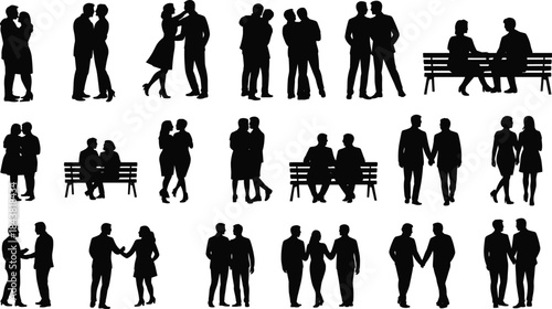 Couple silhouette set, romantic poses, inclusive relationships, walking, sitting, hugging, black vector, isolated, social interaction, love icon