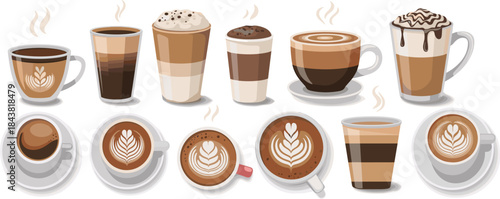 Coffee drink illustration set, espresso, latte, cappuccino, mocha, foam art, top view, hot beverage, vector, cafe design, isolated