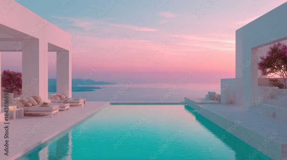 Obraz premium Infinity Pool With Turquoise Water and White Lines Under Pastel Sky at a Wellness Retreat Location
