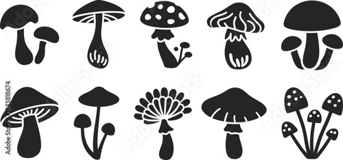 Mushroom silhouette set, fungi icons, cap shapes, stem styles, botanical illustration, black vector, nature design, isolated, spore art, diverse