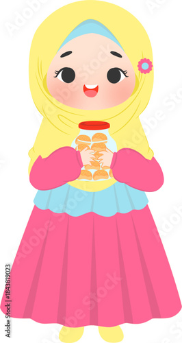 Muslim girl holding cookie jar for celebrating Eid