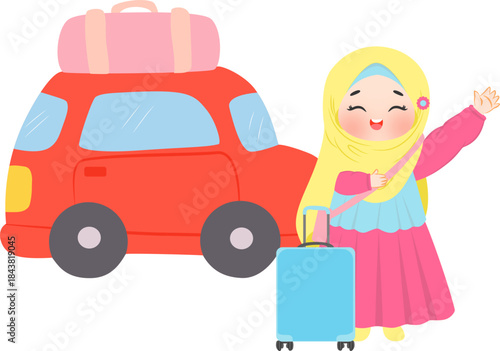 Muslim girl going home for mudik by car