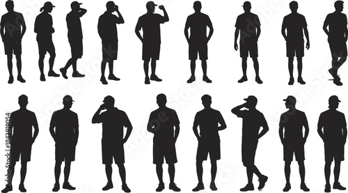 Standing pose silhouette set, human gestures, posture reference, walking, arms crossed, hands on hips, animation design, vector, isolated