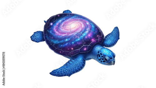 Isolated Cosmic Blue Sea Turtle Illustration with Spiral Galaxy Shell Design isolated PNG with Transparent Background