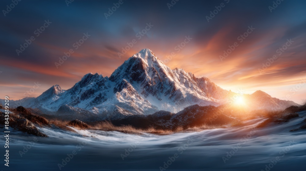 Obraz premium A breathtaking snowy mountain landscape illuminated by a stunning sunset, portraying nature's majestic beauty, harmony, and the tranquil essence of the wilderness.