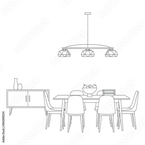 Dining room interior line icon set with table, chairs and lighting