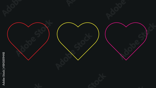 Three vibrant heart outlines in red, yellow, and magenta on a dark background symbolizing love