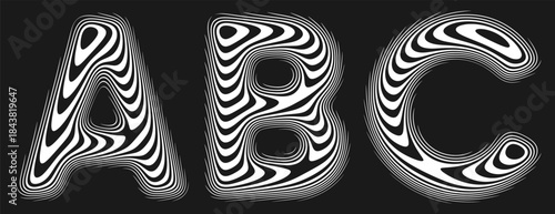 Set of stylized alphabet with smooth reflective lines creates illusion of perfectly polished surface. Letters shaped by soft continuous lines follow the gentle curvature like liquid reflection. Vector