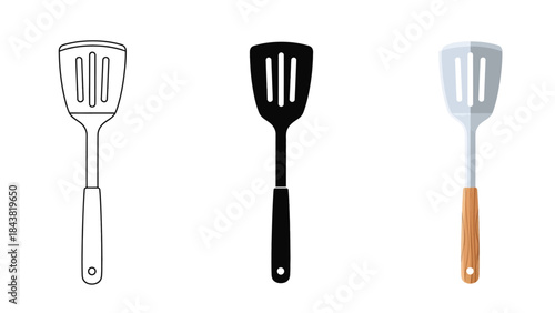 Set of three kitchen spatulas in different styles outline, silhouette, and colored illustration