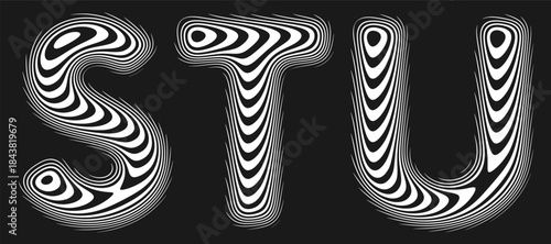 Set of stylized alphabet with smooth reflective lines creates illusion of perfectly polished surface. Letters shaped by soft continuous lines follow the gentle curvature like liquid reflection. Vector