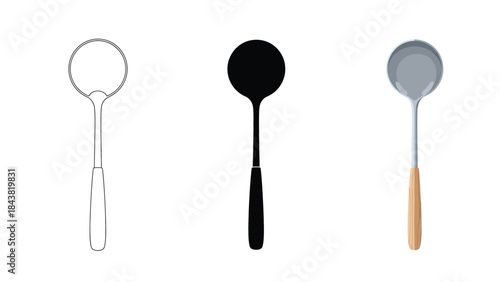 Set of three ladle icons outline, silhouette, and colored illustration with wooden handle