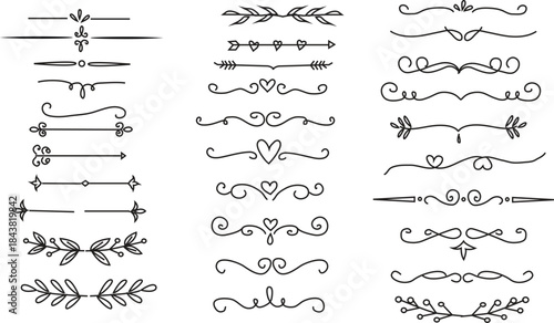 Sketch Ornament Wedding Elements -divider, separator, hand drawn, doodle, flourish, ornament, calligraphy, vintage, floral, line, border, decoration,