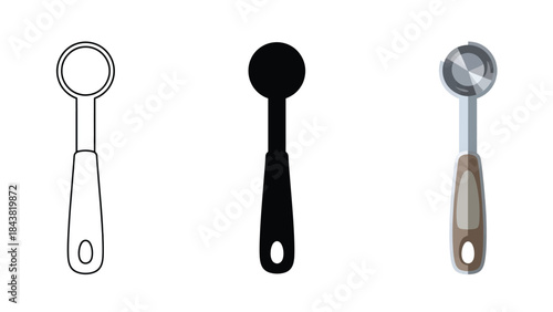Set of three melon ballers or ice cream scoops in different styles outline, silhouette, and realistic illustration