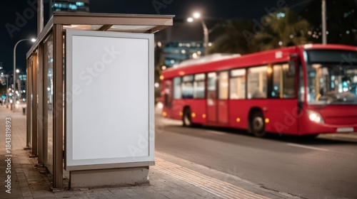 A bus stop at night features a blank billboard, inviting creative advertising opportunities, while a city bus passes by, highlighting urban transport dynamics.