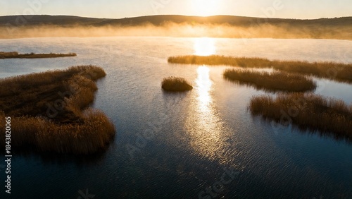 Golden sunrise over a misty lake with reeds and sun reflection