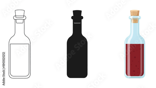 Set of three wine or spirit bottles icons outline, silhouette, and colored illustration with red liquid