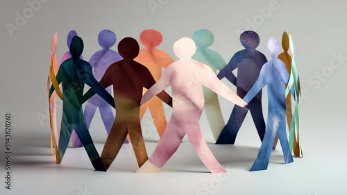 A group of paper people coming together, A diverse group of paper cutout figures standing together